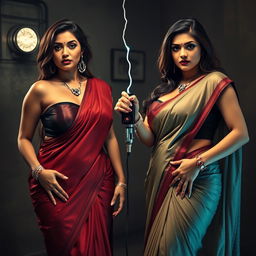 In a dramatic interrogation room, two stunning desi women dressed in elegant sarees exude confidence and dominance