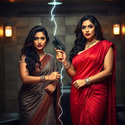 In a dramatic interrogation room, two stunning desi women dressed in elegant sarees exude confidence and dominance