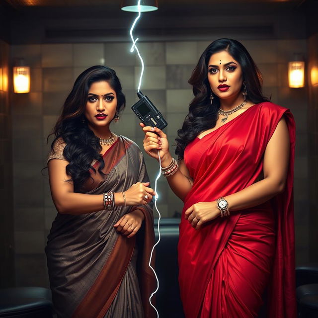 In a dramatic interrogation room, two stunning desi women dressed in elegant sarees exude confidence and dominance