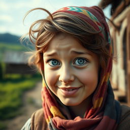 A close-up portrait of a young girl in a historic rural setting, wearing a colorful headscarf and with messy brown hair