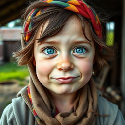 A close-up portrait of a young girl in a historic rural setting, wearing a colorful headscarf and with messy brown hair