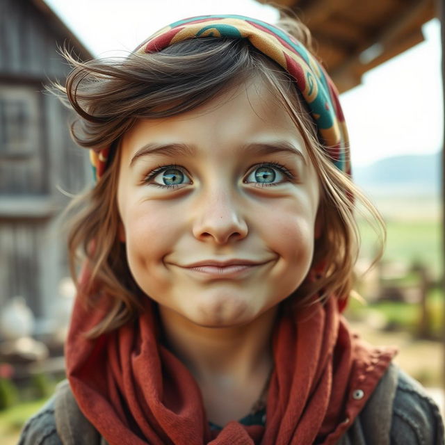 A close-up portrait of a young girl in a historic rural setting, wearing a colorful headscarf and with messy brown hair