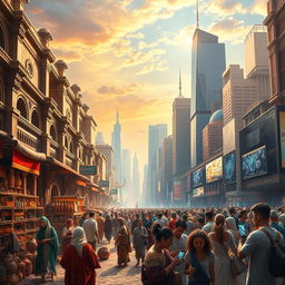 A stunning depiction of significant historical transformation, showcasing a bustling ancient marketplace transitioning into a modern cityscape