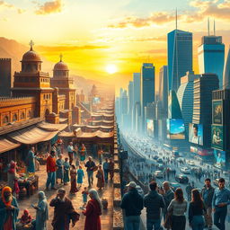 A stunning depiction of significant historical transformation, showcasing a bustling ancient marketplace transitioning into a modern cityscape