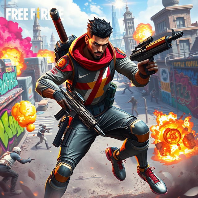 A dynamic scene featuring an action-packed character inspired by soccer star Karim Benzema in a vibrant, competitive battle environment reminiscent of the popular mobile game Free Fire