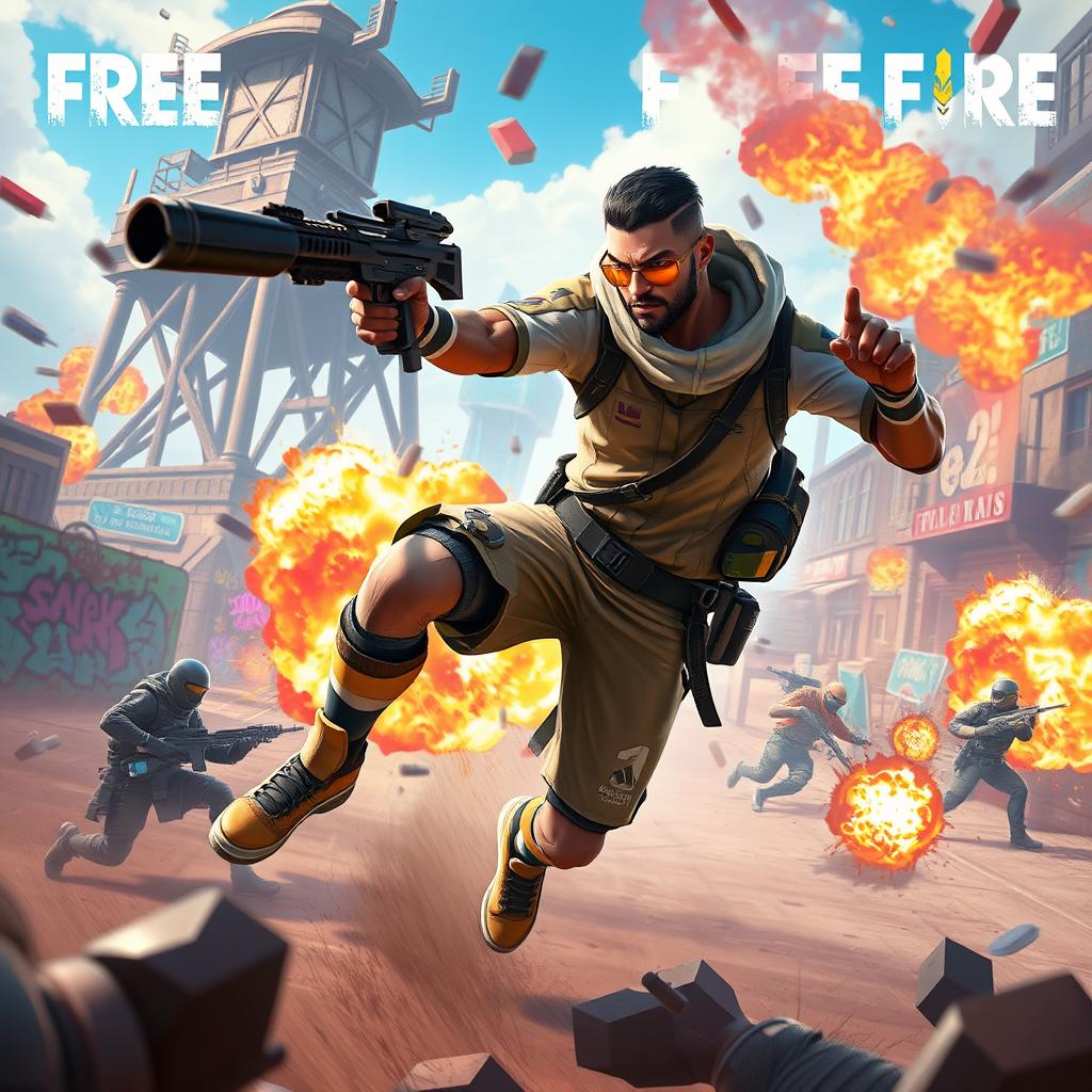 A dynamic scene featuring an action-packed character inspired by soccer star Karim Benzema in a vibrant, competitive battle environment reminiscent of the popular mobile game Free Fire