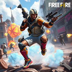 A dynamic scene featuring an action-packed character inspired by soccer star Karim Benzema in a vibrant, competitive battle environment reminiscent of the popular mobile game Free Fire