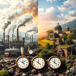 A dramatic representation of a pivotal moment in history, showcasing the contrast between two eras: one side depicts a bustling, industrial revolution scene with steam engines, workers, and factories, while the other side illustrates a serene, peaceful landscape of the past with ancient structures and nature