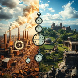 A dramatic representation of a pivotal moment in history, showcasing the contrast between two eras: one side depicts a bustling, industrial revolution scene with steam engines, workers, and factories, while the other side illustrates a serene, peaceful landscape of the past with ancient structures and nature