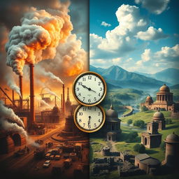 A dramatic representation of a pivotal moment in history, showcasing the contrast between two eras: one side depicts a bustling, industrial revolution scene with steam engines, workers, and factories, while the other side illustrates a serene, peaceful landscape of the past with ancient structures and nature