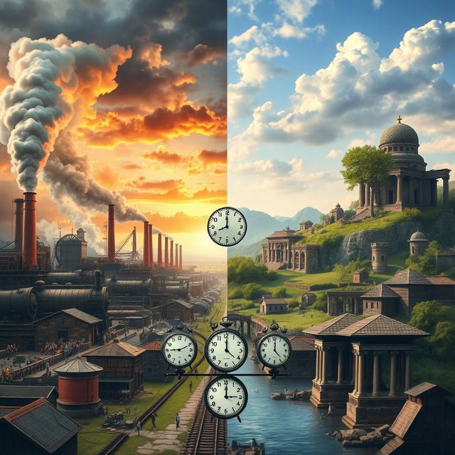 A dramatic representation of a pivotal moment in history, showcasing the contrast between two eras: one side depicts a bustling, industrial revolution scene with steam engines, workers, and factories, while the other side illustrates a serene, peaceful landscape of the past with ancient structures and nature