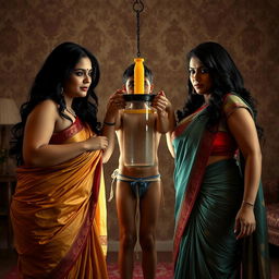 In a dramatic integration room, two captivating desi women dressed in elegant sarees showcase their curvaceous hourglass figures, emphasizing their voluptuous busts and wide hips