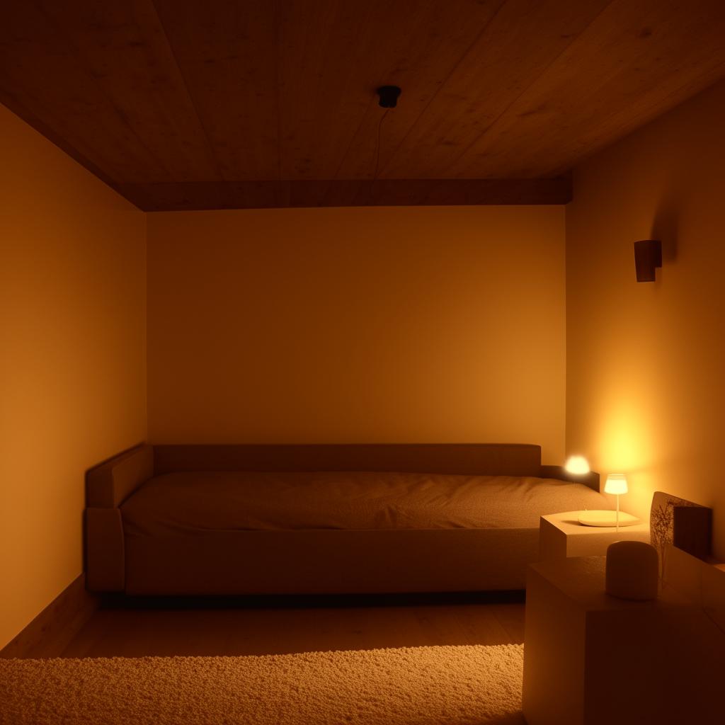 A cozy and simple modern room, beautifully comforting with a dim, yellow ambient light.