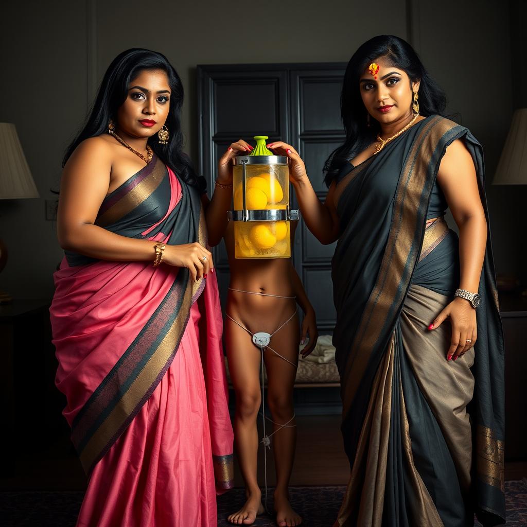 In a dramatic integration room, two captivating desi women dressed in elegant sarees showcase their curvaceous hourglass figures, emphasizing their voluptuous busts and wide hips