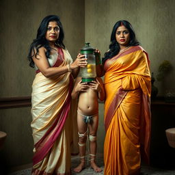 In a dramatic integration room, two captivating desi women dressed in elegant sarees showcase their curvaceous hourglass figures, emphasizing their voluptuous busts and wide hips