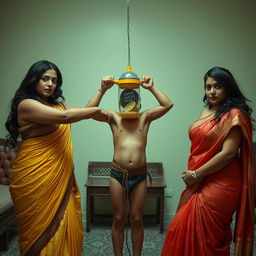In a dramatic integration room, two captivating desi women dressed in elegant sarees showcase their curvaceous hourglass figures, emphasizing their voluptuous busts and wide hips