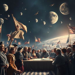 A powerful and visually striking scene depicting a pivotal moment in history, such as the signing of an important treaty or the first moon landing