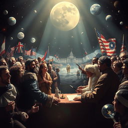 A powerful and visually striking scene depicting a pivotal moment in history, such as the signing of an important treaty or the first moon landing