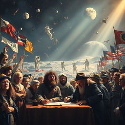 A powerful and visually striking scene depicting a pivotal moment in history, such as the signing of an important treaty or the first moon landing