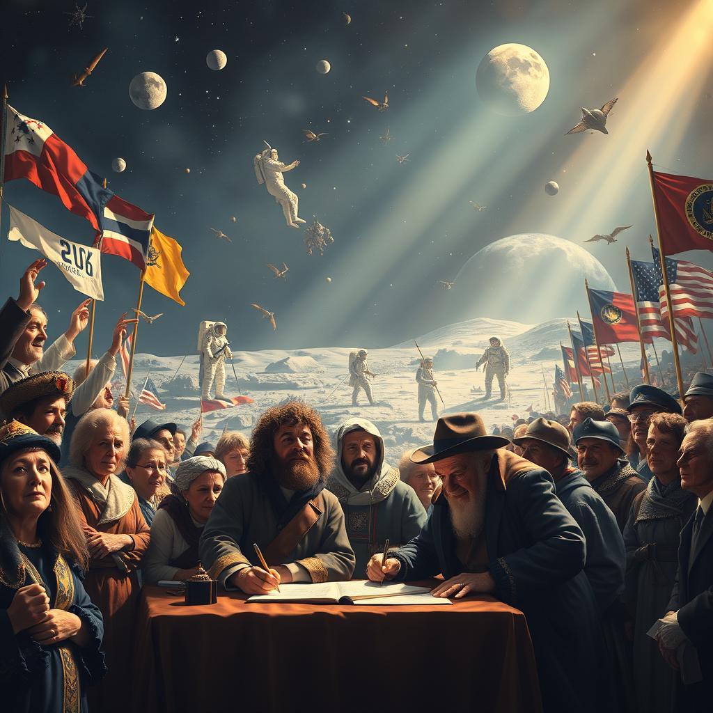 A powerful and visually striking scene depicting a pivotal moment in history, such as the signing of an important treaty or the first moon landing