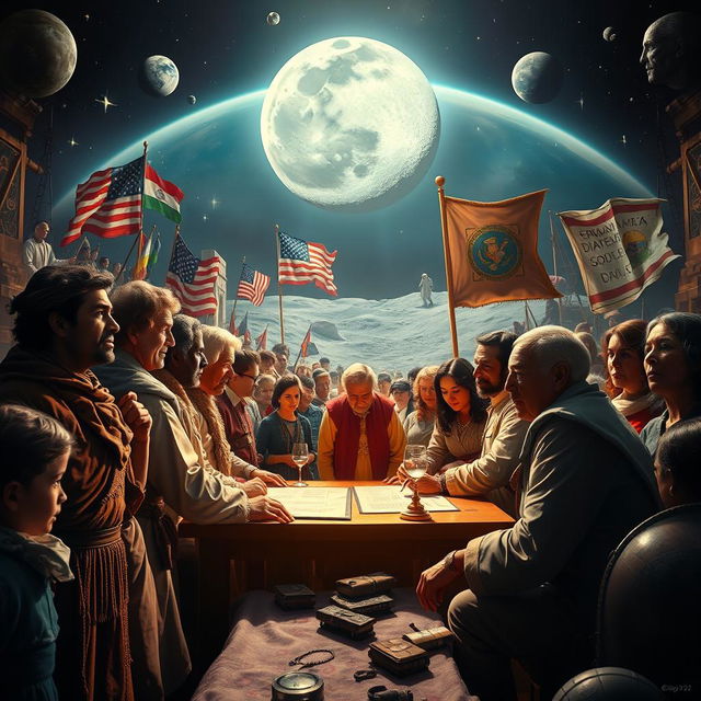 A powerful and visually striking scene depicting a pivotal moment in history, such as the signing of an important treaty or the first moon landing