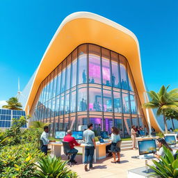 A vibrant and modern technological fusion center, showcasing a futuristic architectural design with sleek lines and transparent elements