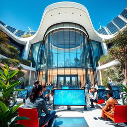 A vibrant and modern technological fusion center, showcasing a futuristic architectural design with sleek lines and transparent elements