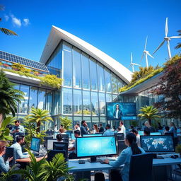 A vibrant and modern technological fusion center, showcasing a futuristic architectural design with sleek lines and transparent elements