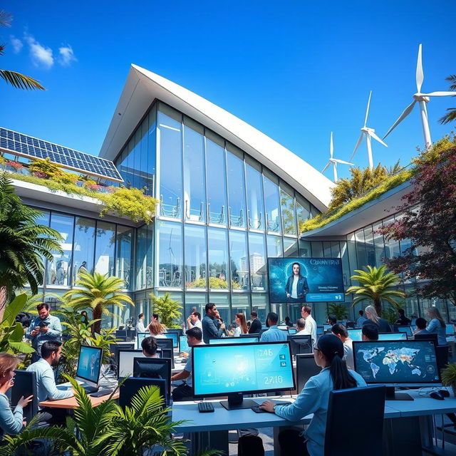 A vibrant and modern technological fusion center, showcasing a futuristic architectural design with sleek lines and transparent elements