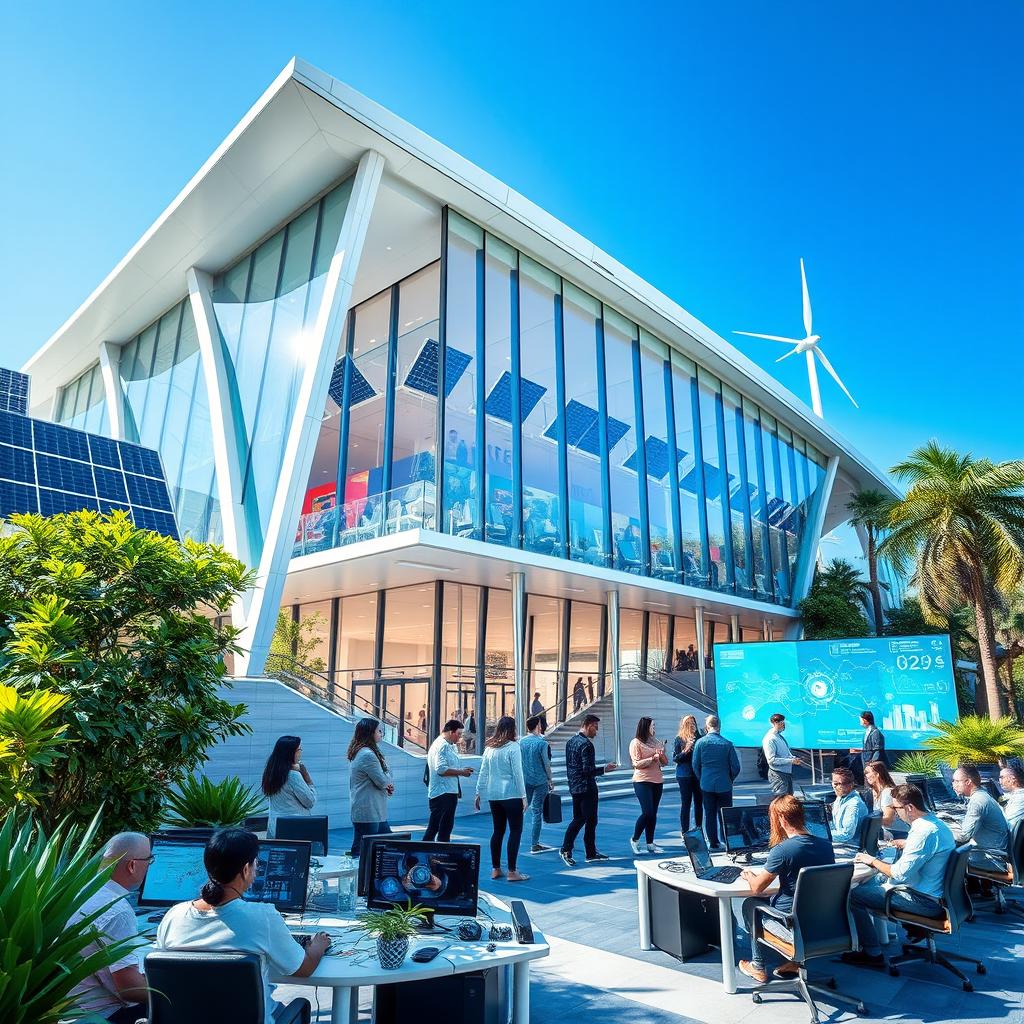 A vibrant and modern technological fusion center, showcasing a futuristic architectural design with sleek lines and transparent elements