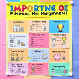 A colorful educational poster titled 'Importance of Financial Management' at the top in bold, vibrant letters
