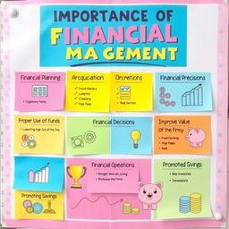 A colorful educational poster titled 'Importance of Financial Management' at the top in bold, vibrant letters