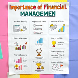 A colorful educational poster titled 'Importance of Financial Management' at the top in bold, vibrant letters