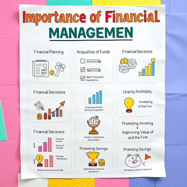 A colorful educational poster titled 'Importance of Financial Management' at the top in bold, vibrant letters