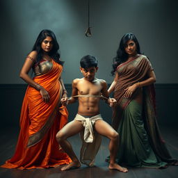 In a dramatic integration room, two alluring desi women dressed in flowing, vibrant sarees display their stunning hourglass figures, emphasizing their voluptuous busts and wide hips