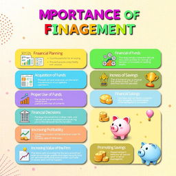 A vibrant digital poster titled 'Importance of Financial Management' prominently displayed at the top in bold, colorful letters