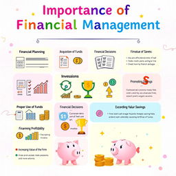 A vibrant digital poster titled 'Importance of Financial Management' prominently displayed at the top in bold, colorful letters
