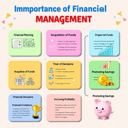A vibrant digital poster titled 'Importance of Financial Management' prominently displayed at the top in bold, colorful letters