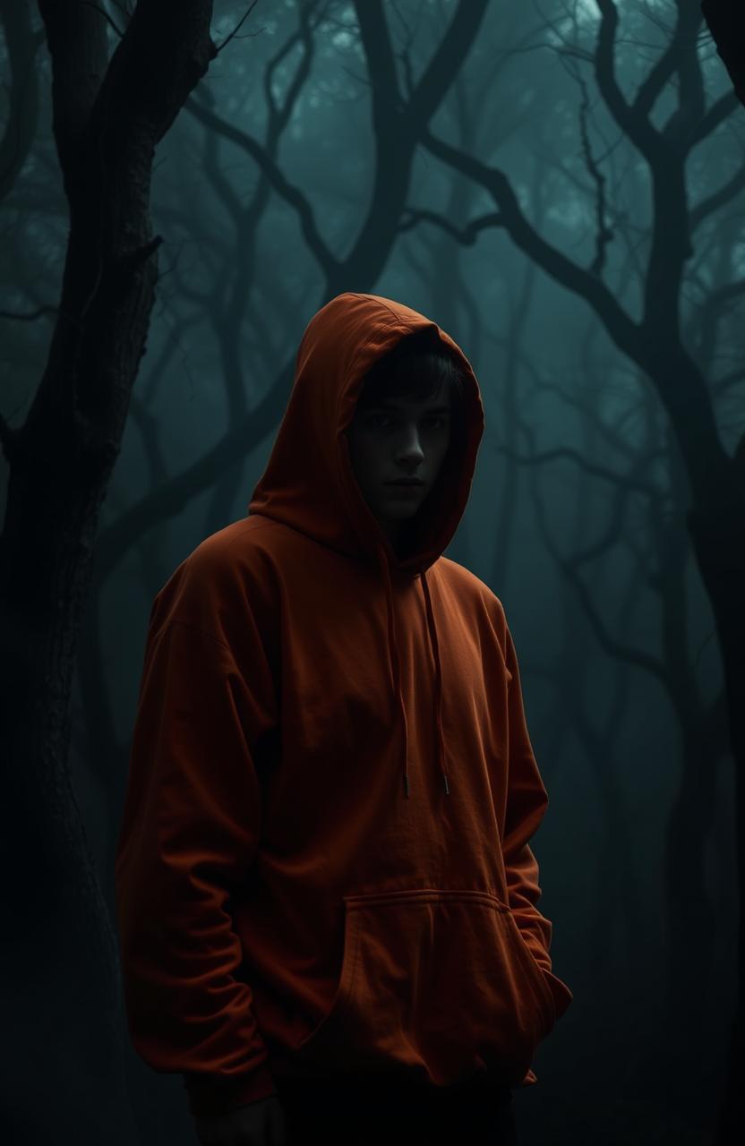 A teenage male with a shrouded face, wearing an orange hoodie, standing in a dark and eerie forest
