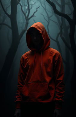 A teenage male with a shrouded face, wearing an orange hoodie, standing in a dark and eerie forest