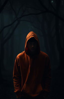 A teenage male with a shrouded face, wearing an orange hoodie, standing in a dark and eerie forest