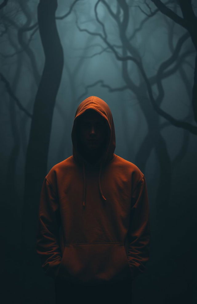 A teenage male with a shrouded face, wearing an orange hoodie, standing in a dark and eerie forest