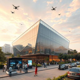 A comprehensive representation of a technological fusion center designed for a project, showcasing an impressive and contemporary architectural structure with glass facades and angular designs