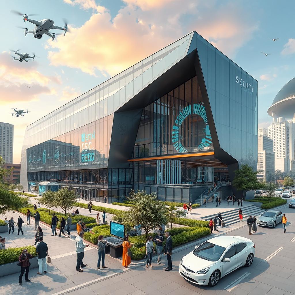 A comprehensive representation of a technological fusion center designed for a project, showcasing an impressive and contemporary architectural structure with glass facades and angular designs