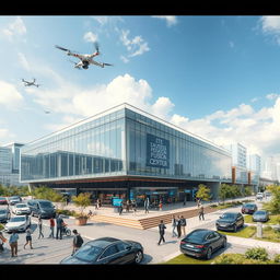 A comprehensive representation of a technological fusion center designed for a project, showcasing an impressive and contemporary architectural structure with glass facades and angular designs