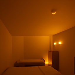 A cozy and simple modern room, beautifully comforting with a dim, yellow ambient light.