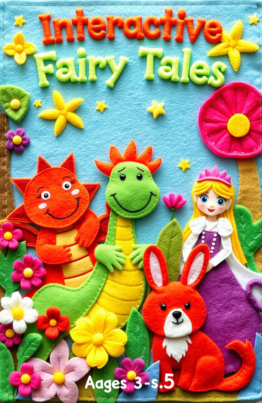 A colorful and playful book cover designed for a handmade felt book for a children's theater project focusing on interactive fairy tales for ages 3-5