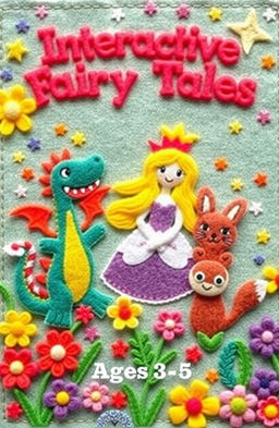 A colorful and playful book cover designed for a handmade felt book for a children's theater project focusing on interactive fairy tales for ages 3-5