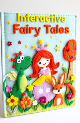 A colorful and playful book cover designed for a handmade felt book for a children's theater project focusing on interactive fairy tales for ages 3-5