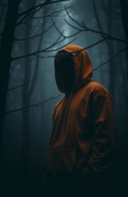 A mysterious scene featuring a teenage male with a shrouded face wearing an orange hoodie, standing in dark, ominous woods